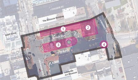 Map shows art locations 1-4 in downtown Asheville.