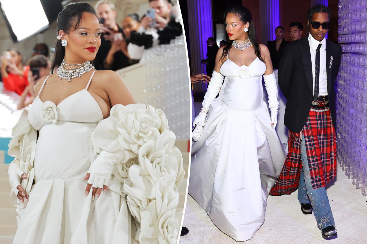 Pregnant Rihanna arrives fashionably late in blooming white gown at Met