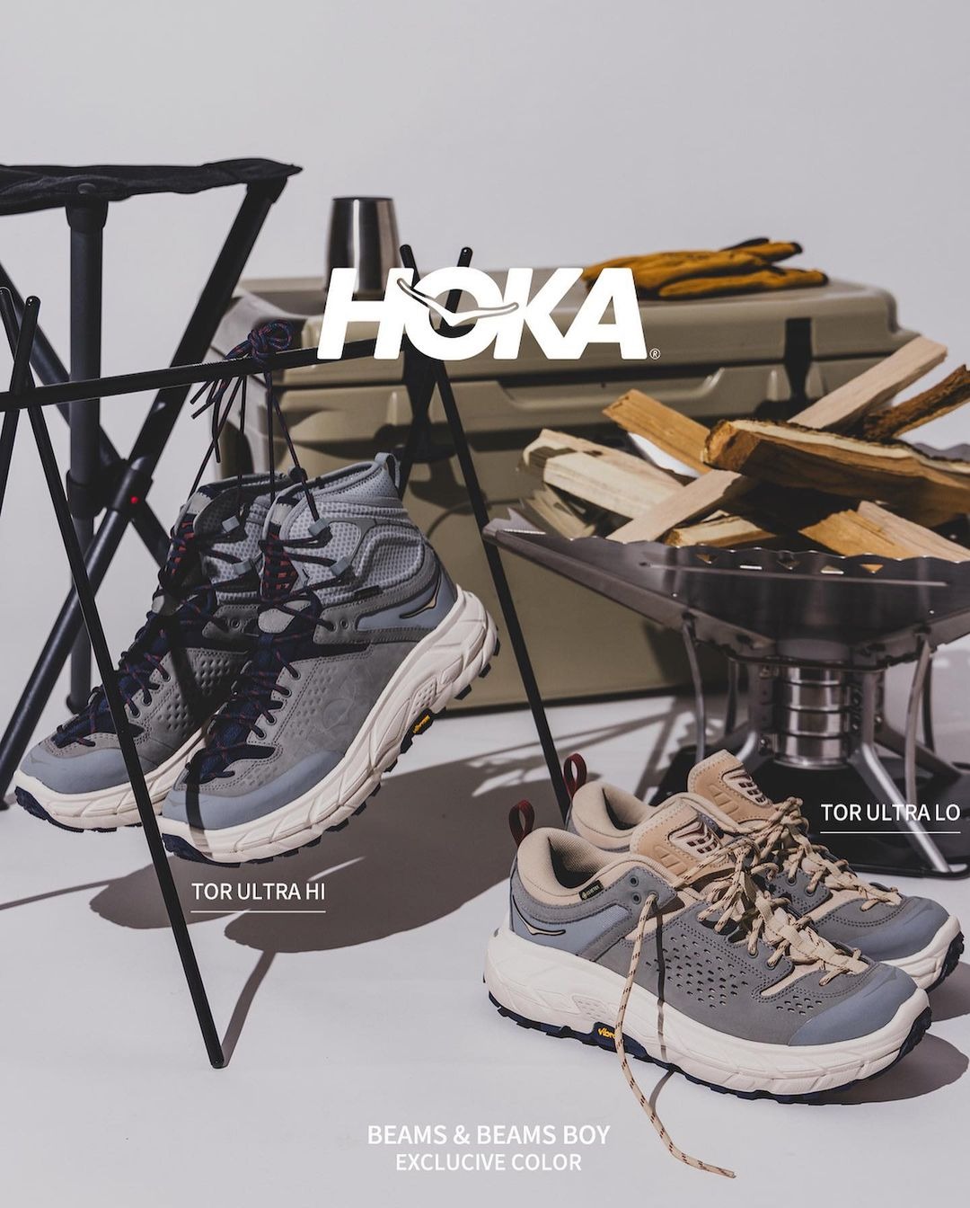 Stylized photographs of BEAMS' HOKA Tor Ultra Low & Hi Fall/Winter 2023 sneaker collaborations