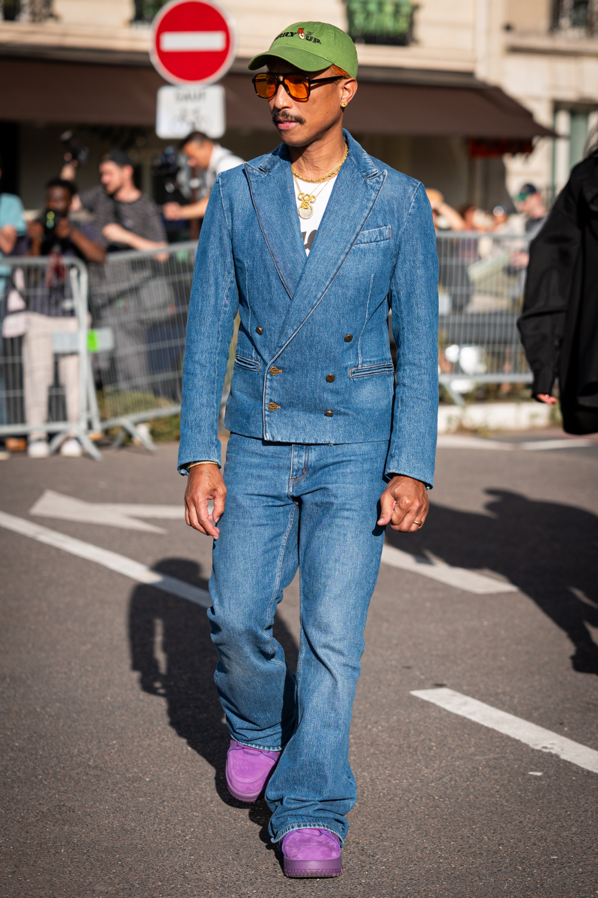 Pharrell Williams is seen outside Sacai fashion show during the Womenswear Spring/Summer 2024 as part of Paris Fashion Week.