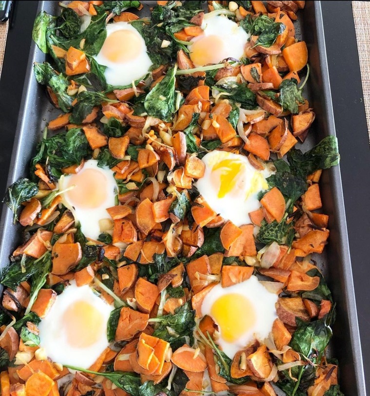 Kale, sweet potato and eggs is one of my favorite sheet-pan breakfast combos.