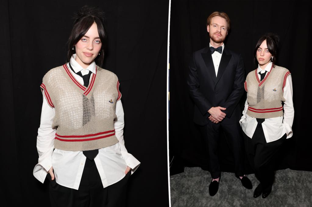 Billie Eilish keeps her schoolgirl streak going in sweater vest on the