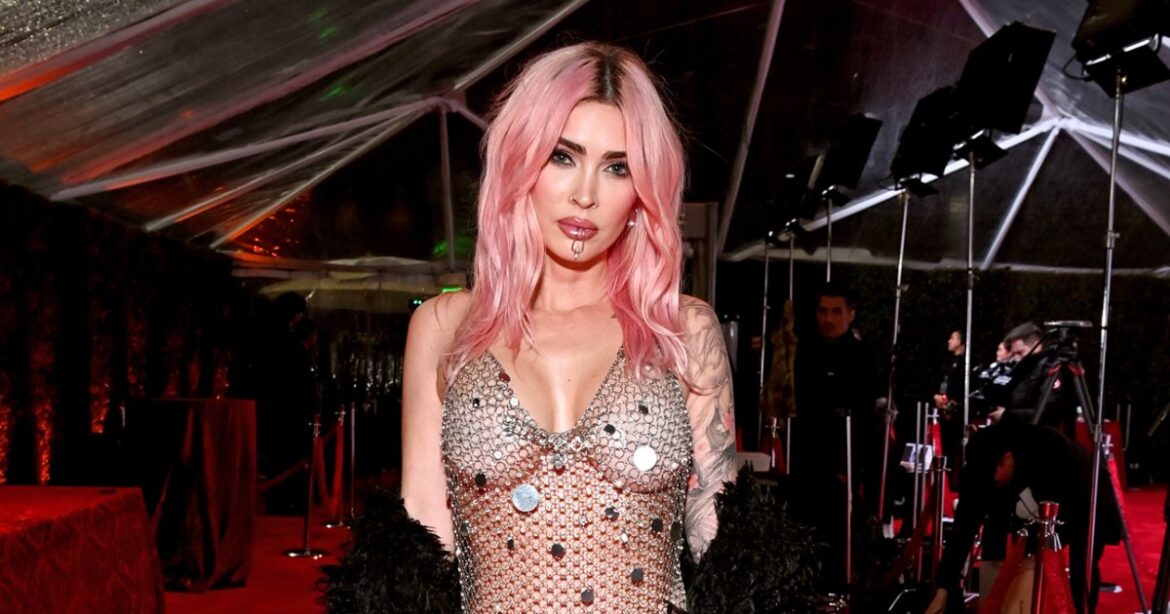 Megan Fox Bares All in SeeThrough Chainmail Dress and Debuts Pink Hair