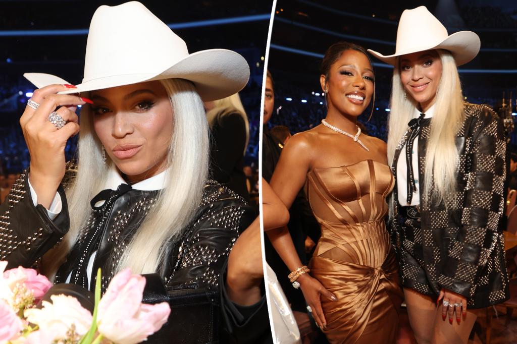 Beyoncé works a Western look in bedazzled shorts suit and cowboy hat at the Grammys 2024 Urban