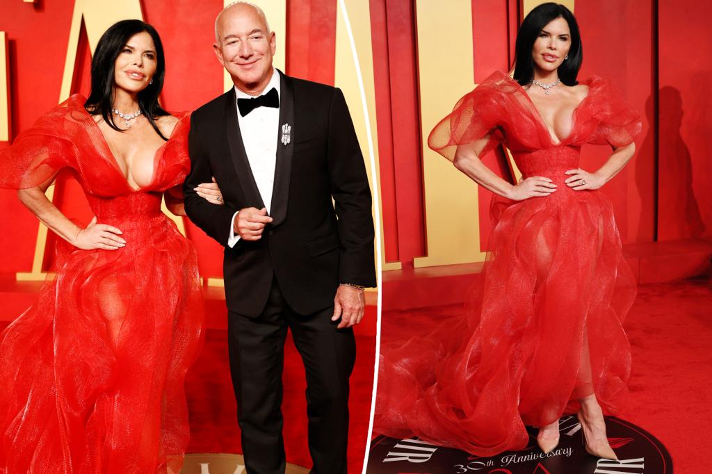 Lauren Sánchez wears sheer, plunging red gown at 2024 Vanity Fair
